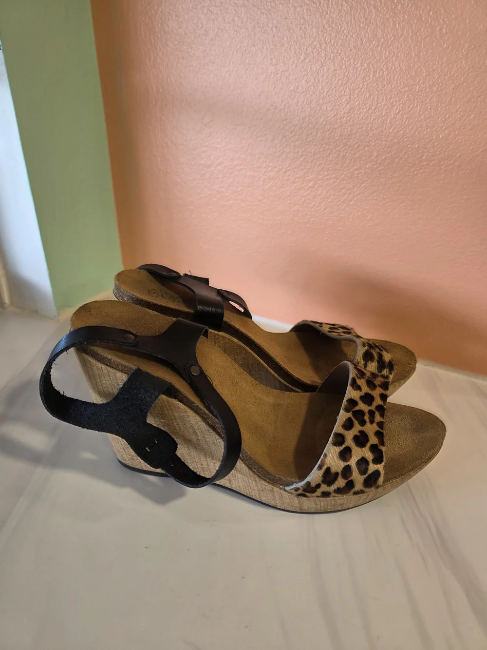 Leopard Print Wedge Sandals Biostep 9 Black Ankle Strap Boho Babe Summer